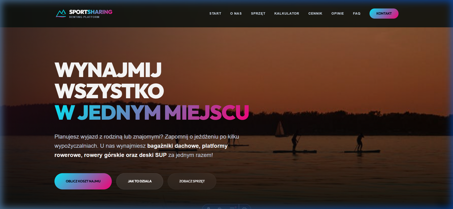 Wynajem Sportowy - One-page z katalogiem sprzętu, kalkulatorem i rezerwacją